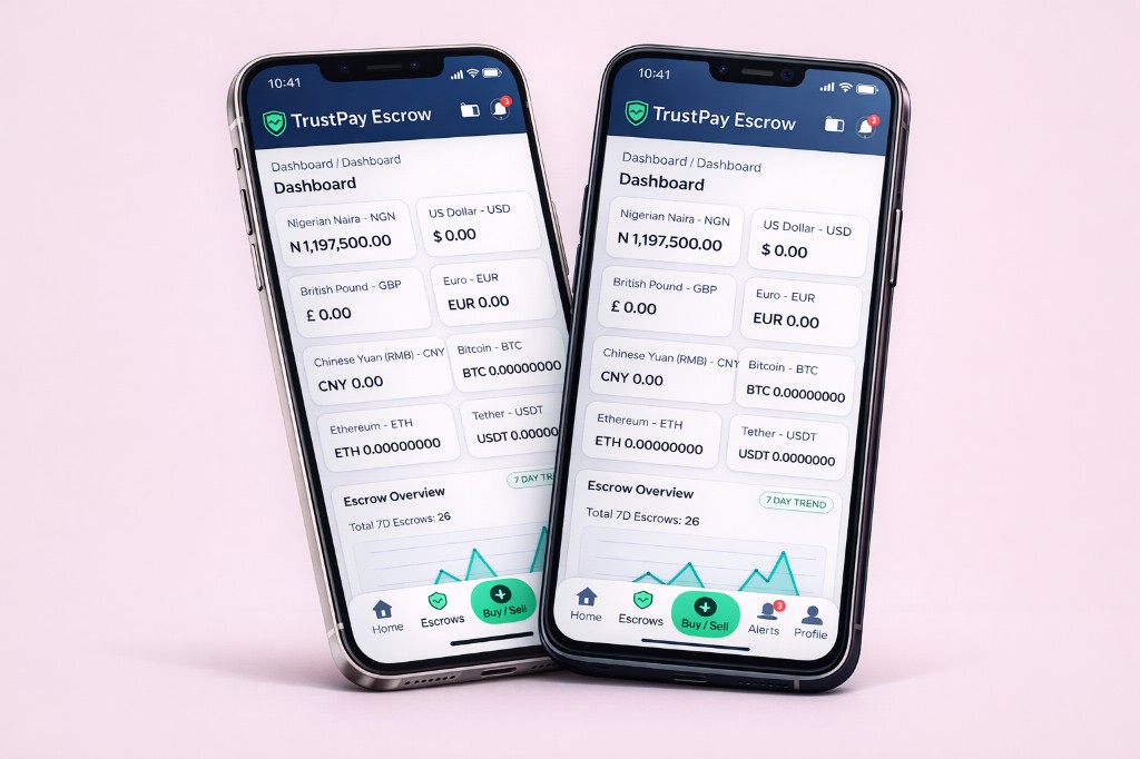 Afripay Escrow app on two smartphones showing balances, escrow overview, and navigation